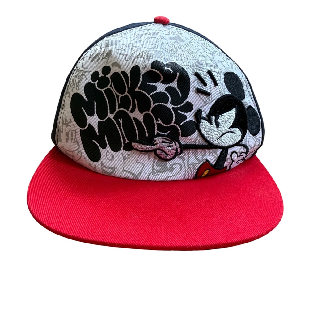 Disney Parks Mickey Mouse Graffiti Snapback Hat Black Red White Flat Brim Cap